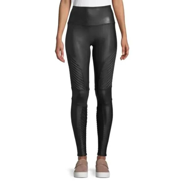 SPANX Black Faux Leather Moto Pull On Skinny Stretch Ankle Leggings Size XL - Picture 1 of 7